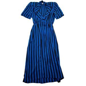 VTG Horchow Striped Silk Midi Dress Blue Black Wrap V Neck Short Sleeve Size 14
